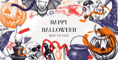 Collage style Halloween frame design. Hand drawn vector illustration. Halloween party invitation. Abstract shapes, trendy design elements, Skulls, bones, Halloween pumpkins, poison, mushrooms sketches